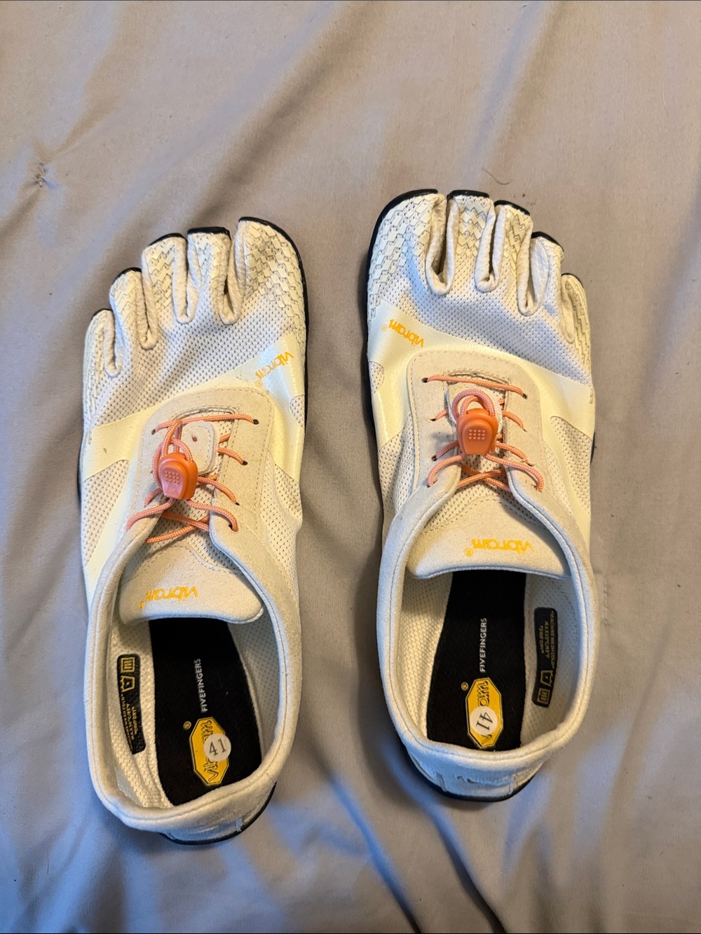 Vibram FiveFingers White Shoes with Peach Laces and Yellow Accents